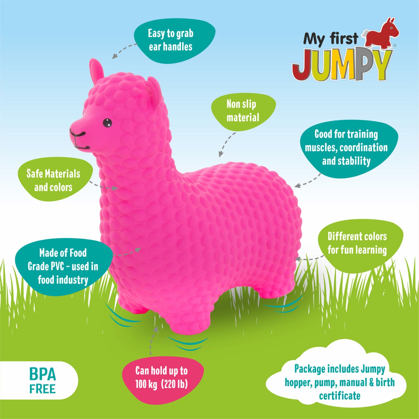 My First JUMPY Pink Alpaca hopper toy product specification