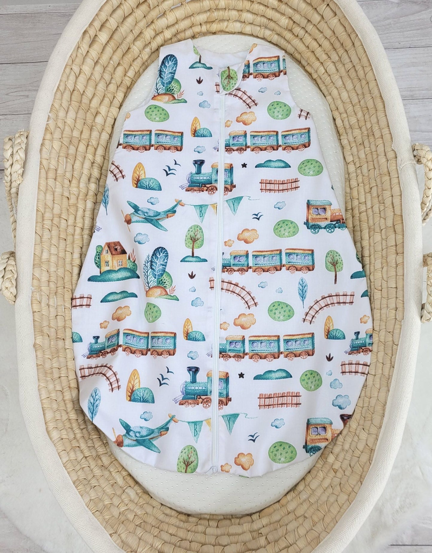 Baby Sleeping Bag S – Turquoise Train - Kindeco