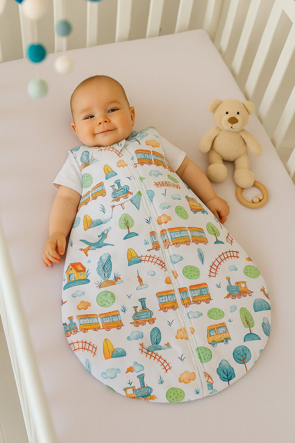 Baby Sleeping Bag S – Turquoise Train - Kindeco