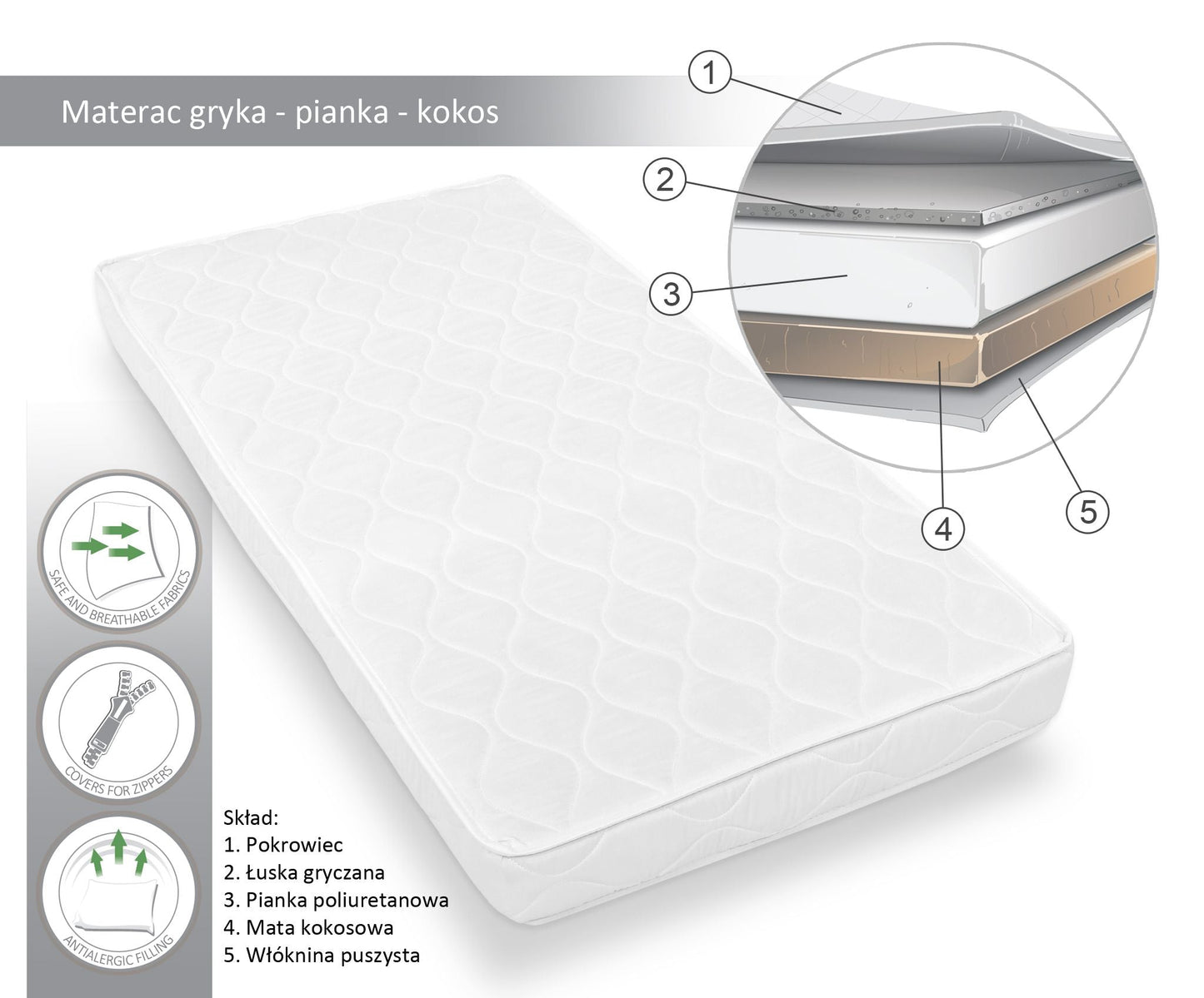 Cot Mattress 120x60cm – Coco - Foam - Buckwheat - Kindeco