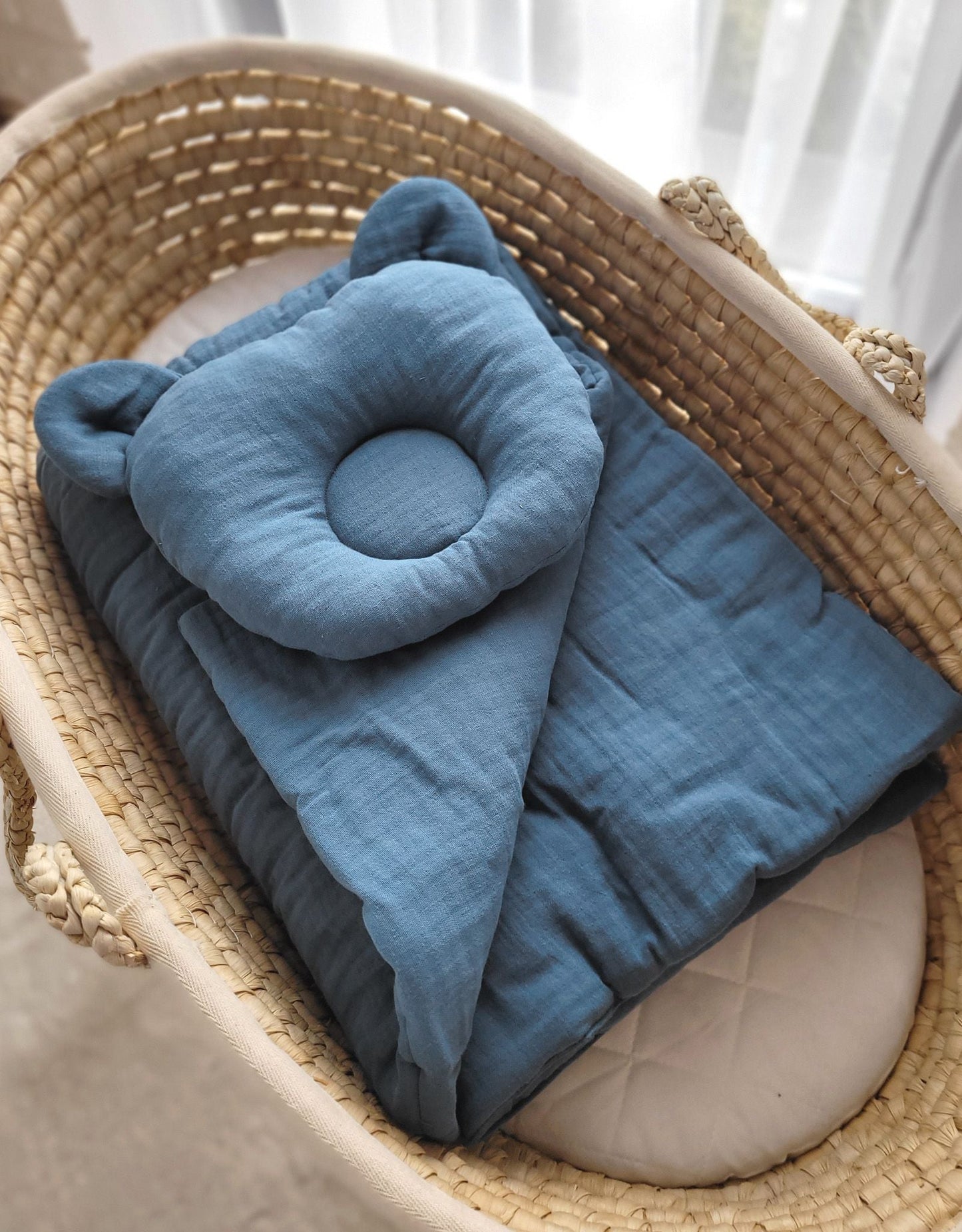 Duvet with Pillow Teddy MUSLIN - 2pc Set - Pastel Blue - Kindeco