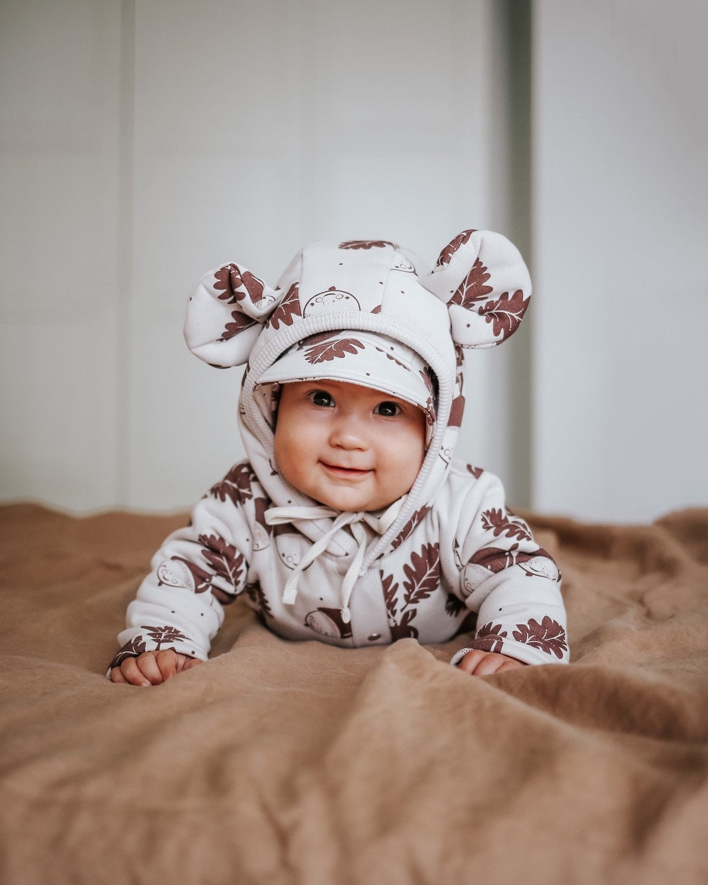 Eared Jumpsuit for Babies and Kids - Acorns on Sand - Kindeco