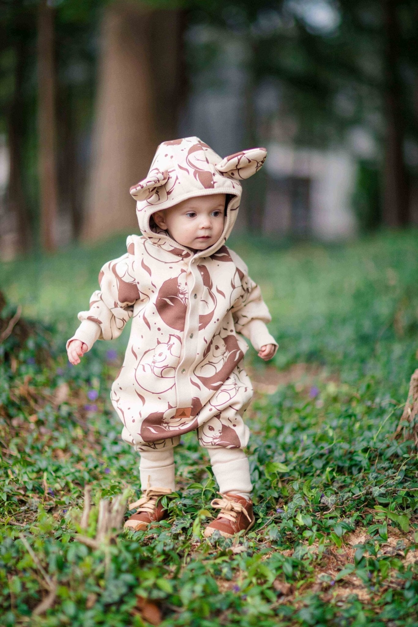 Eared Jumpsuit for Babies and Kids - Beige Squirrel - Kindeco