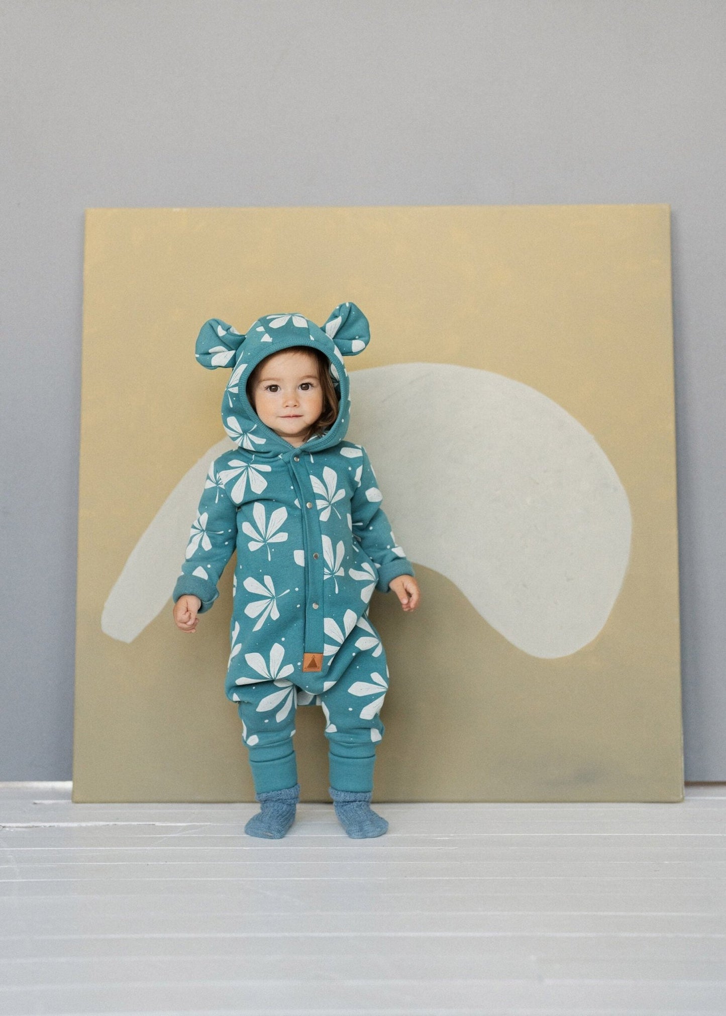 Eared Jumpsuit for Babies and Kids - Chestnut Leaves on Green - Kindeco
