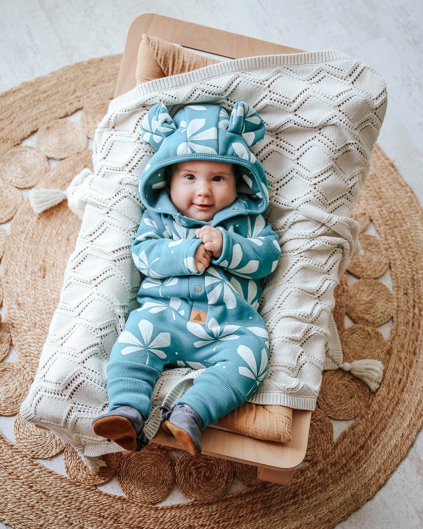 Eared Jumpsuit for Babies and Kids - Chestnut Leaves on Green - Kindeco