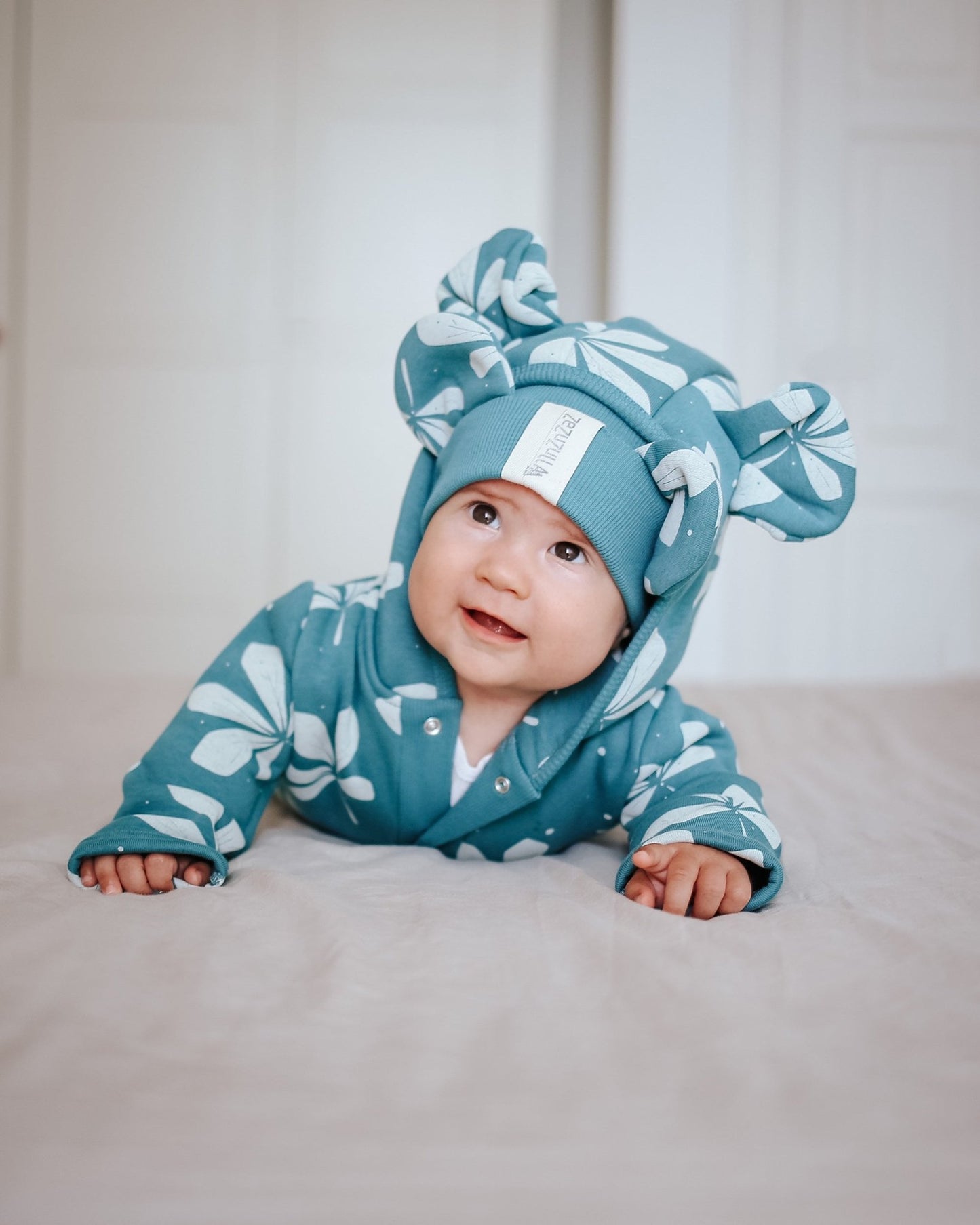 Eared Jumpsuit for Babies and Kids - Chestnut Leaves on Green - Kindeco