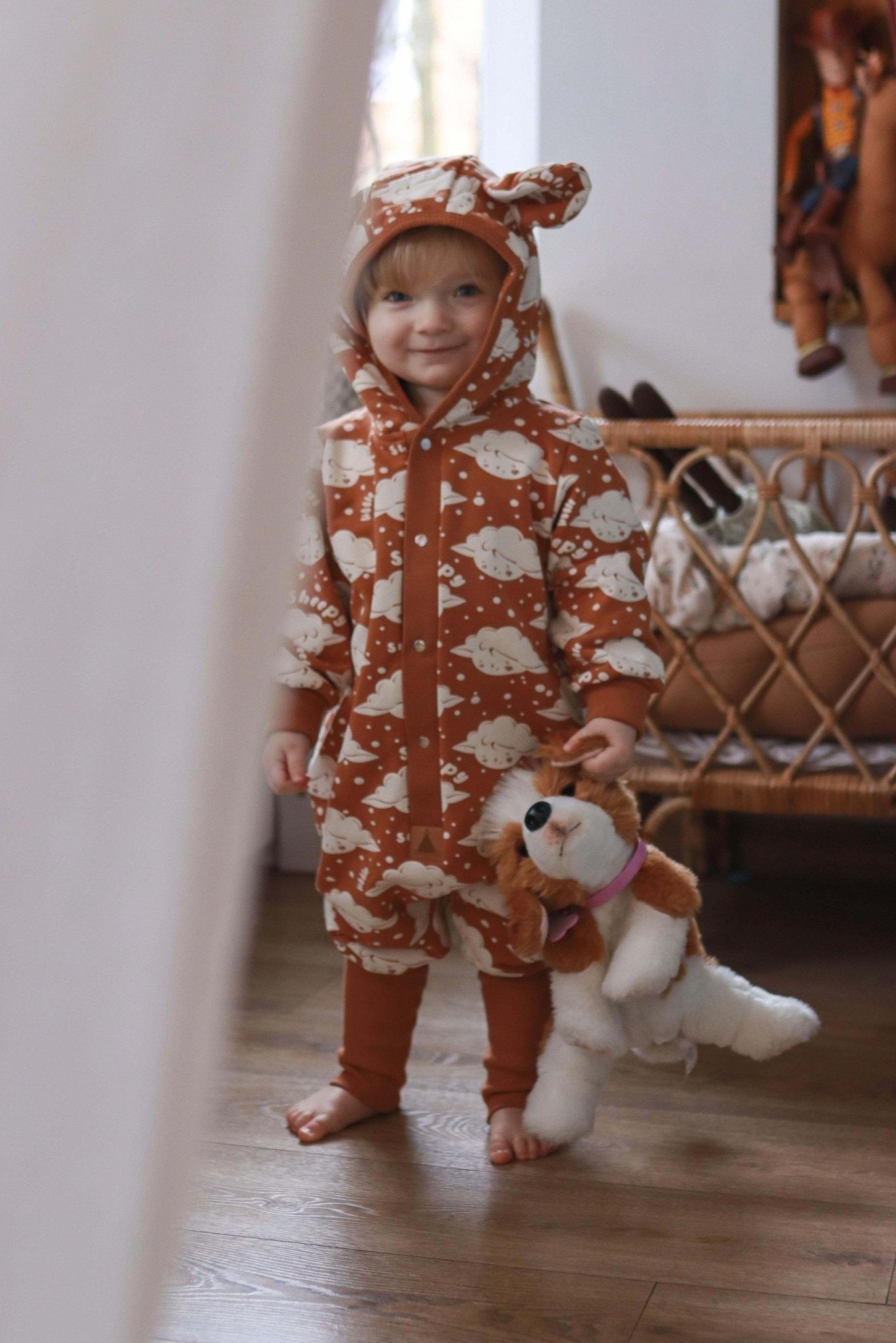 Eared Jumpsuit for Babies and Kids - Cinnamon Sheep - Kindeco