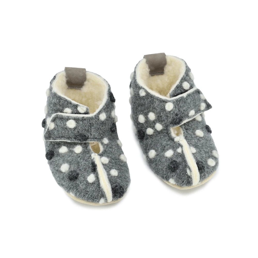KAKU Natural Sheep’s Wool & Felt Kids’ Slippers - Dotted Grey - Kindeco