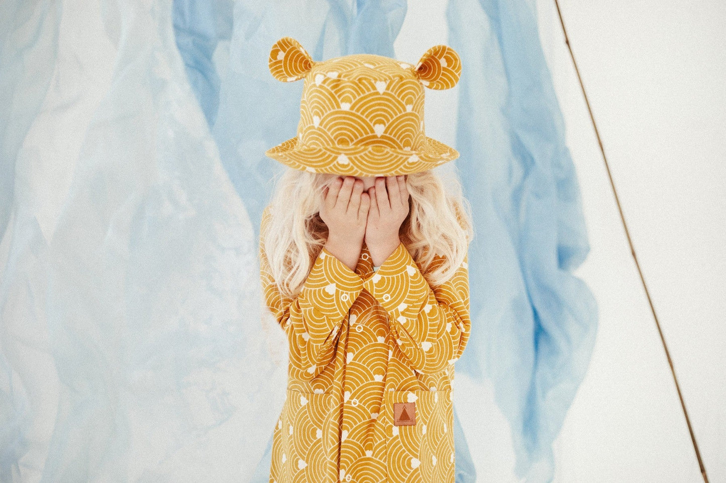 Kids Hat with Ears - Waves on Mustard - Kindeco