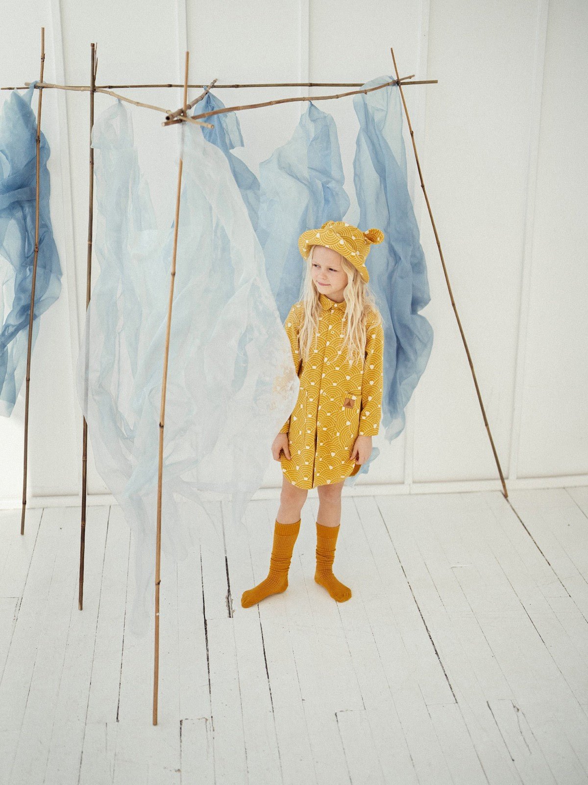 Kids Hat with Ears - Waves on Mustard - Kindeco