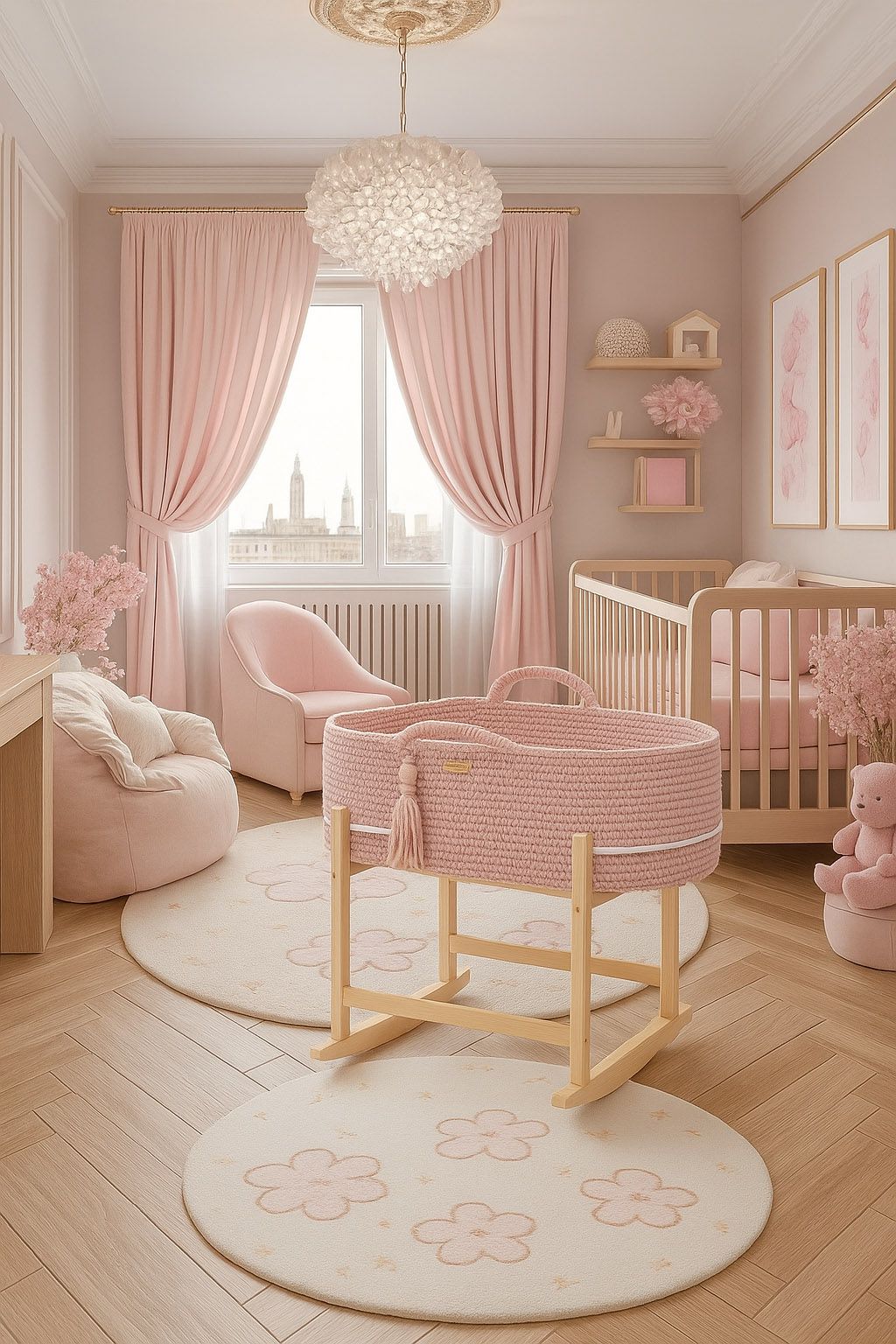 Pink nursery room with crib, chair, and decor elements.
