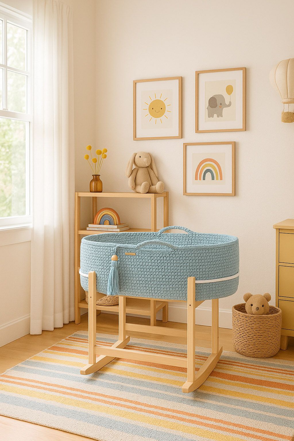 Nursery room with a blue crib, wooden shelf, and colorful decor.