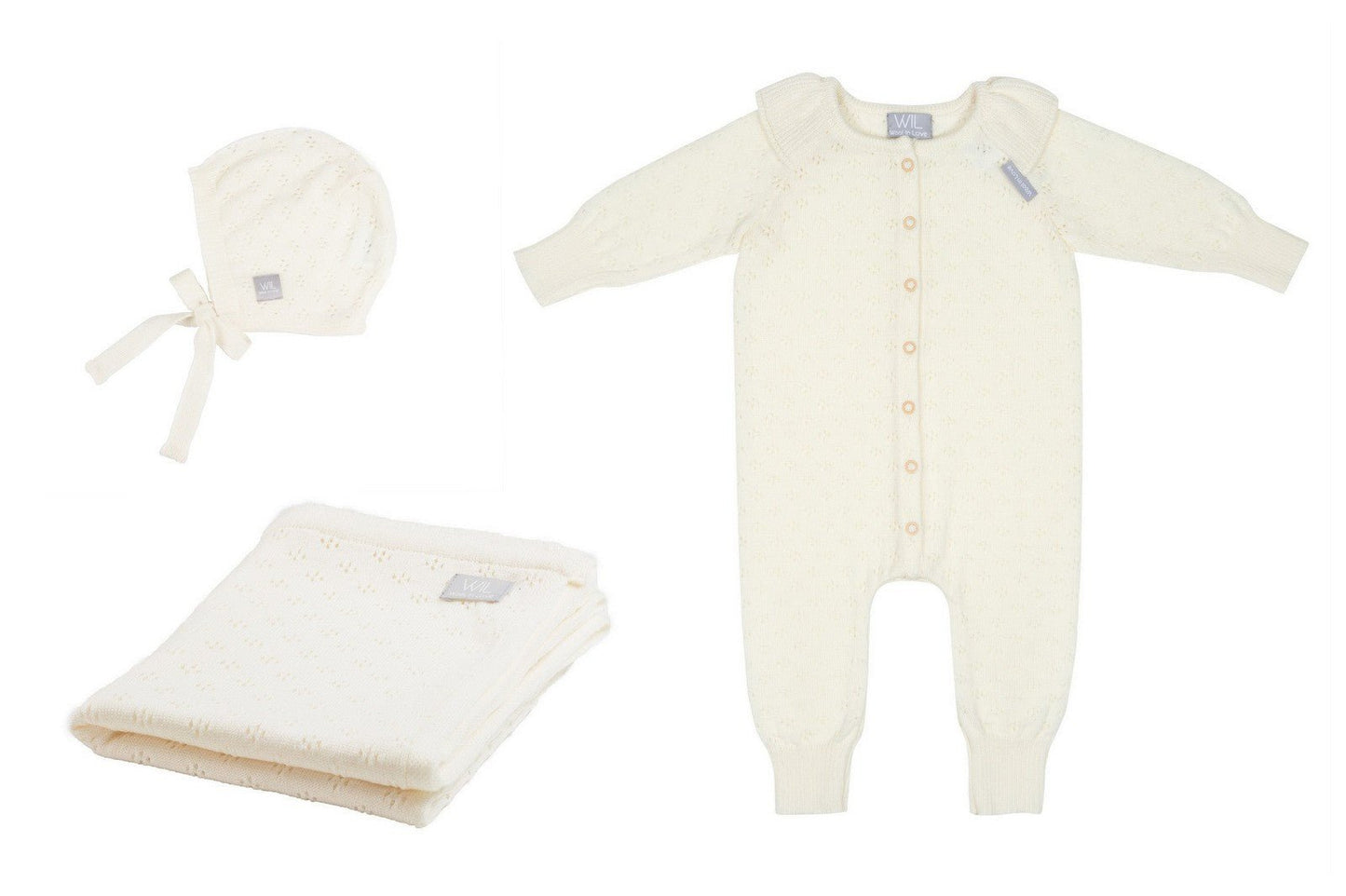 Merino Wool Baby Gift Set - Blanket, Romper & Bonnet (LOVE Collection) - Kindeco