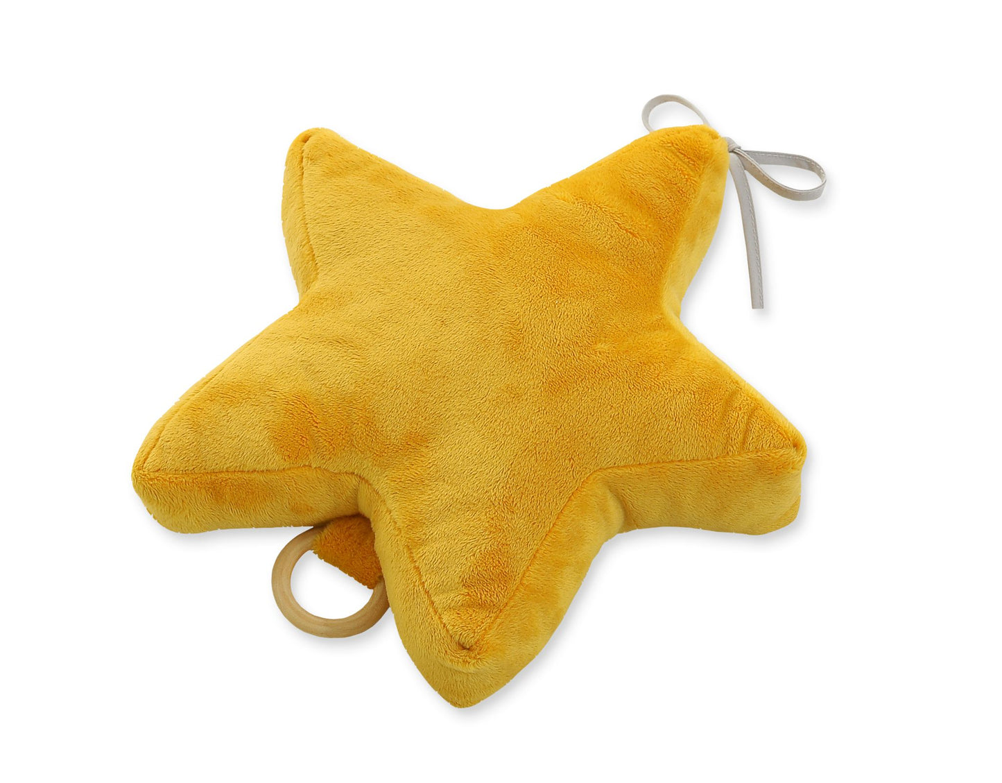 Yellow star-shaped plush toy with a string on a white background