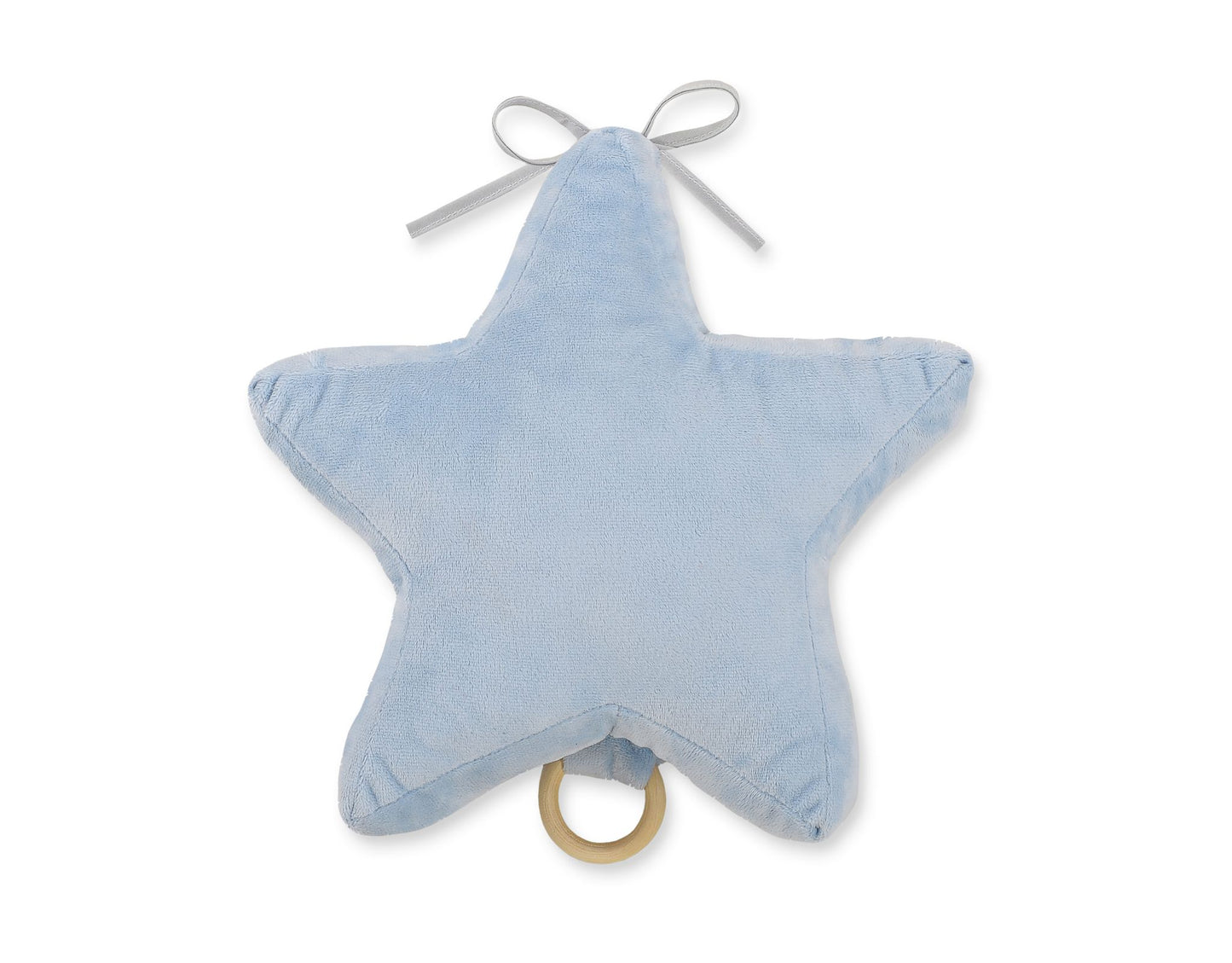 Blue star-shaped baby comfort toy with a ring on a white background