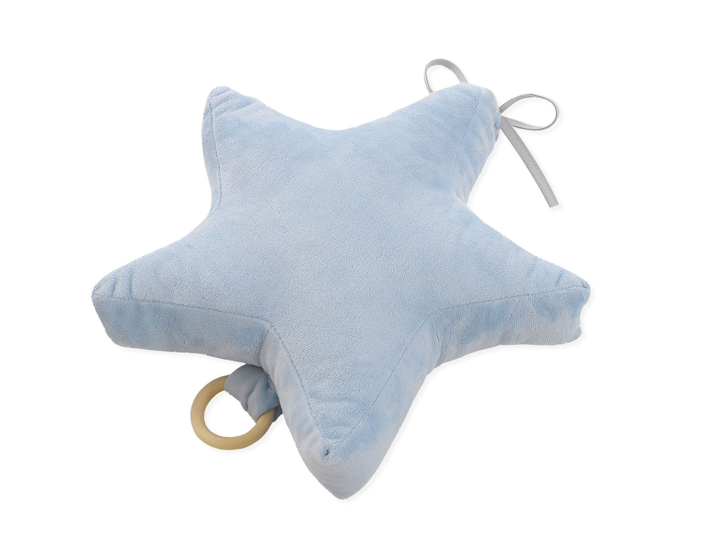 Star-shaped blue plush toy with a ring on a white background
