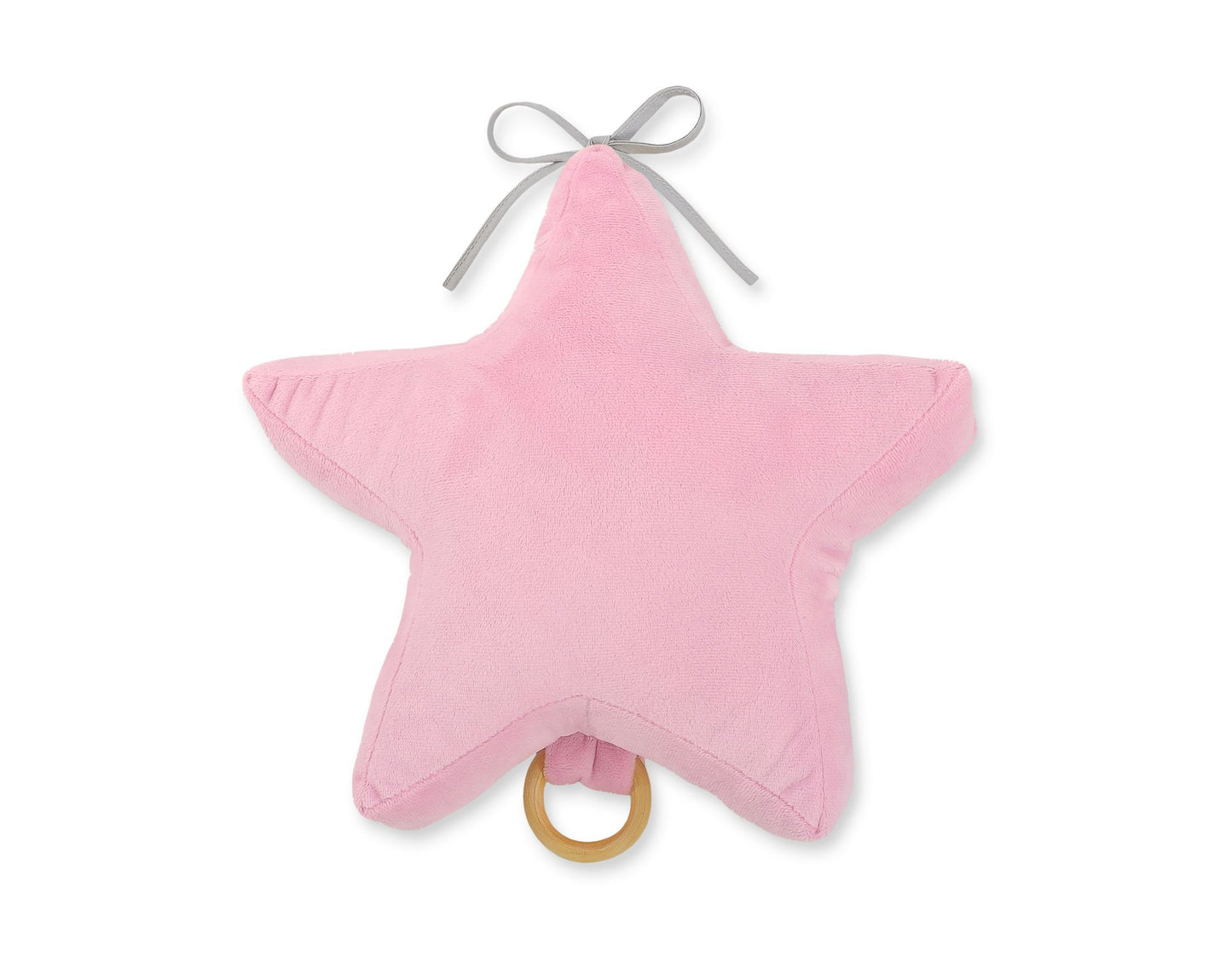 Pink star-shaped toy with a ring on a white background