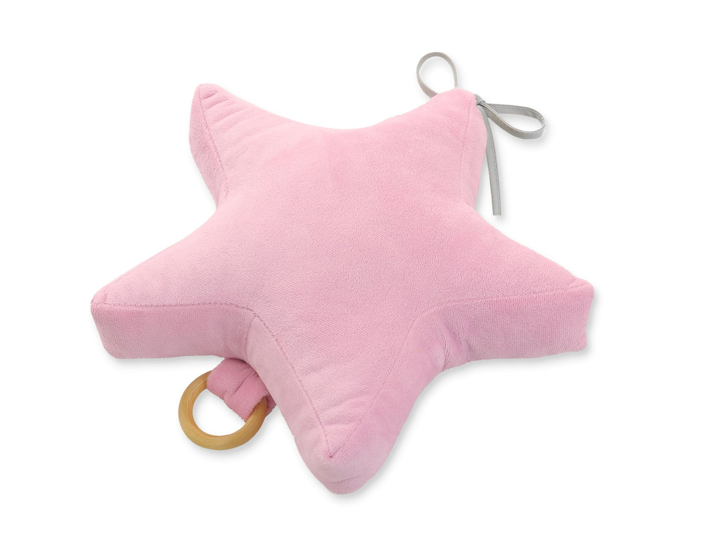 Pink star-shaped plush toy with a wooden ring on a white background