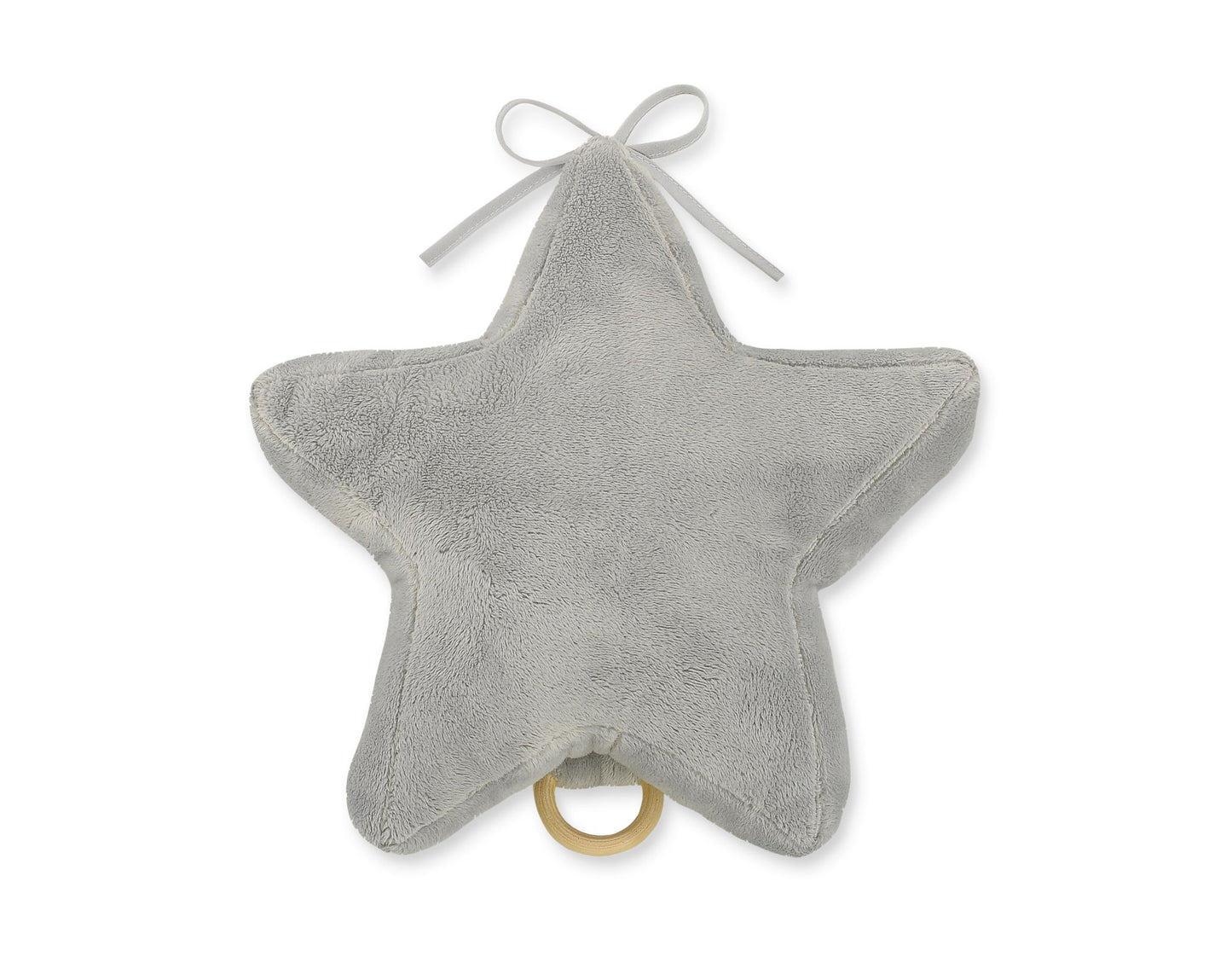 Gray star-shaped baby comfort toy with a white ribbon on a white background