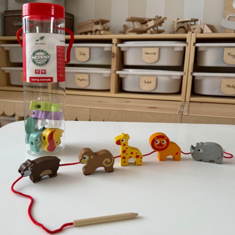Safari Animal Shaped Wooden Threading Blocks - Kindeco