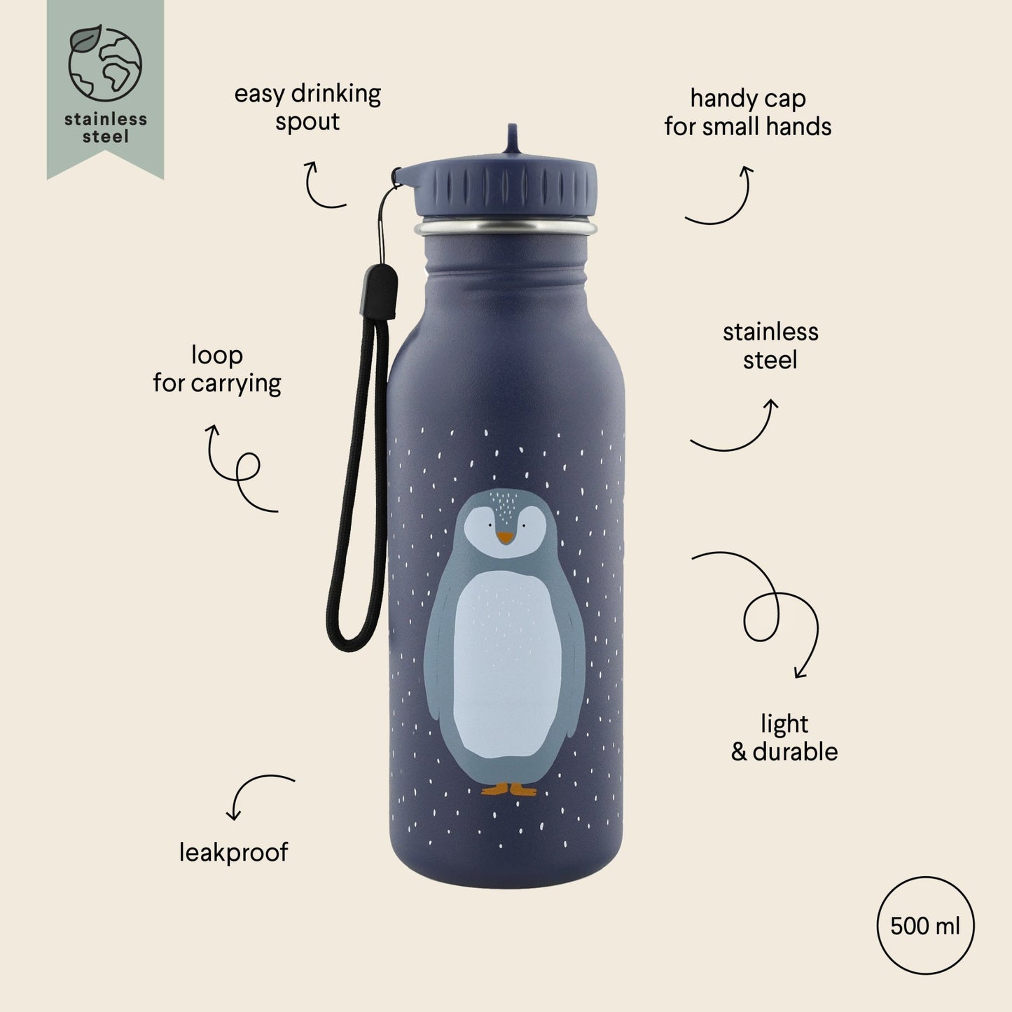 Stainless Steel Bottle 500 ml - Mr Penguin - Kindeco