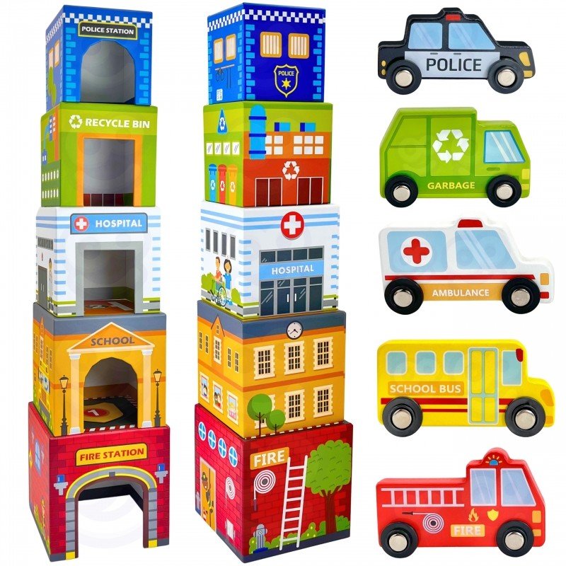 Wooden City Vehicles Puzzle Cubes - Kindeco