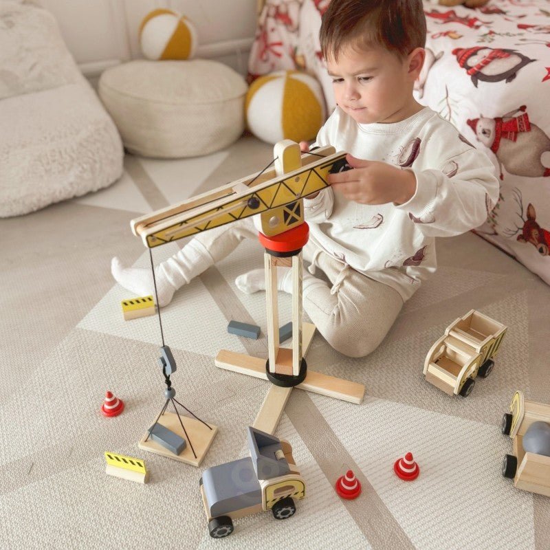Wooden Construction Site Set with Vehicles - Kindeco