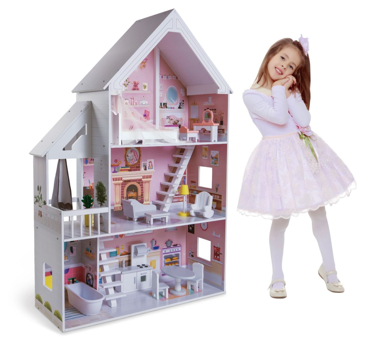 Wooden Dollhouse Liselle with LED Lights - Kindeco