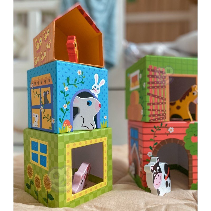Wooden Farm in Boxes Cube Puzzle with Animals - Kindeco