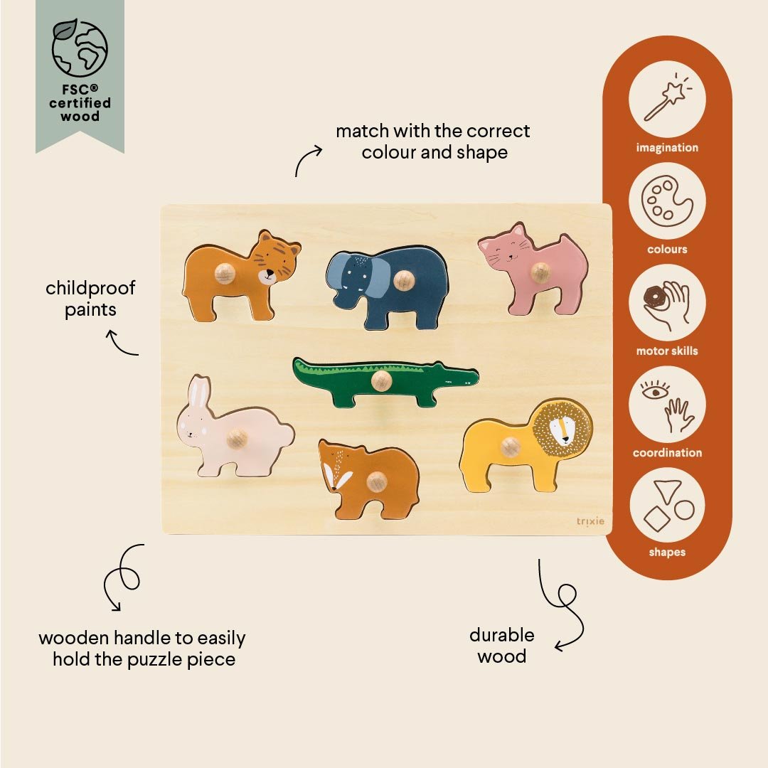 Wooden Puzzle, 7pcs - Trixie Baby Animals - Kindeco