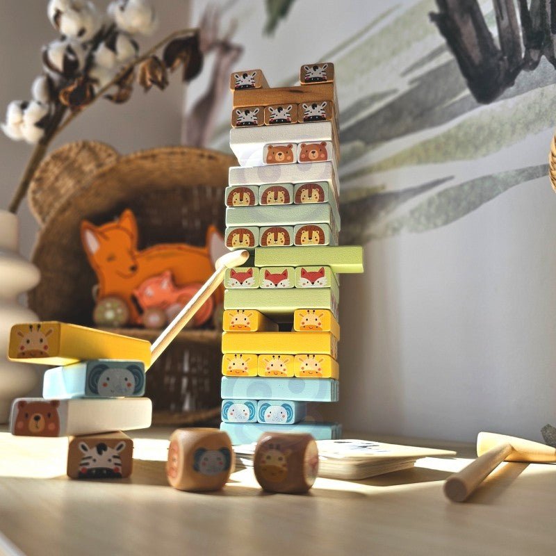 Wooden Shaky Tower Skill Game with Animals - Kindeco