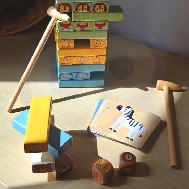 Wooden Shaky Tower Skill Game with Animals - Kindeco