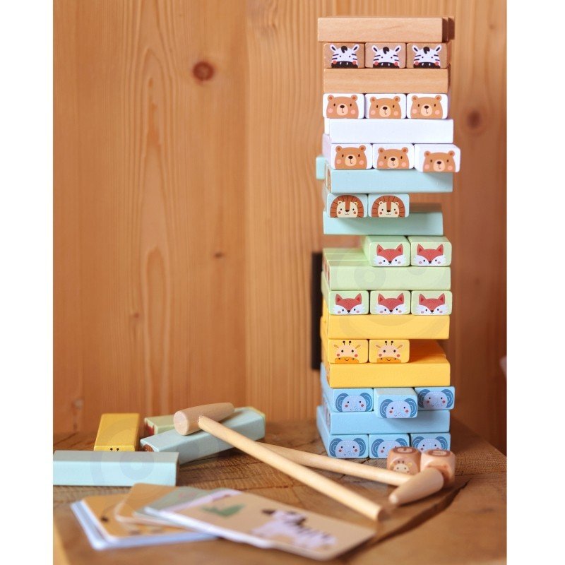 Wooden Shaky Tower Skill Game with Animals - Kindeco