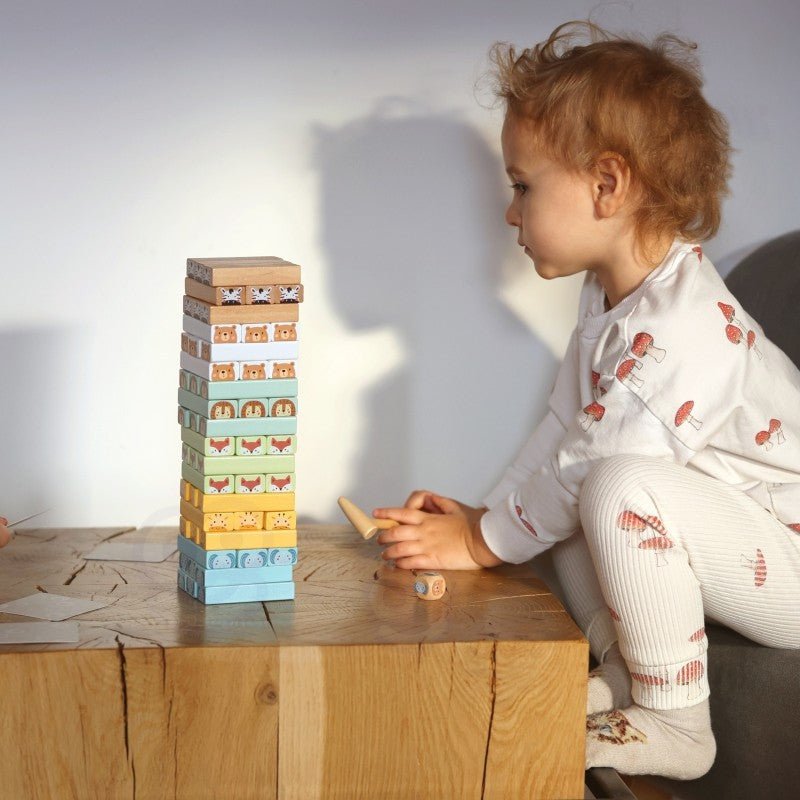 Wooden Shaky Tower Skill Game with Animals - Kindeco