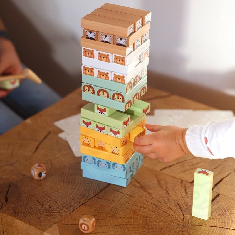 Wooden Shaky Tower Skill Game with Animals - Kindeco