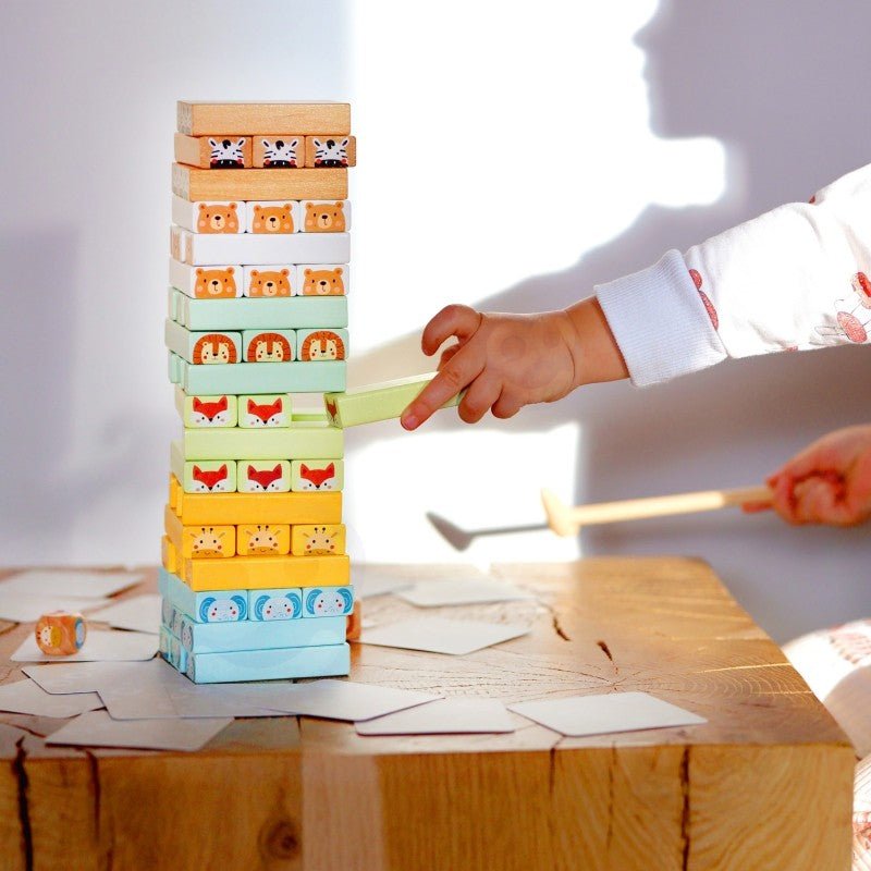 Wooden Shaky Tower Skill Game with Animals - Kindeco