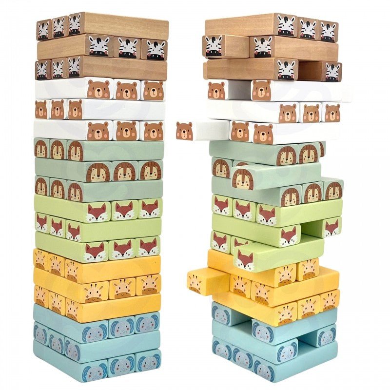 Wooden Shaky Tower Skill Game with Animals - Kindeco