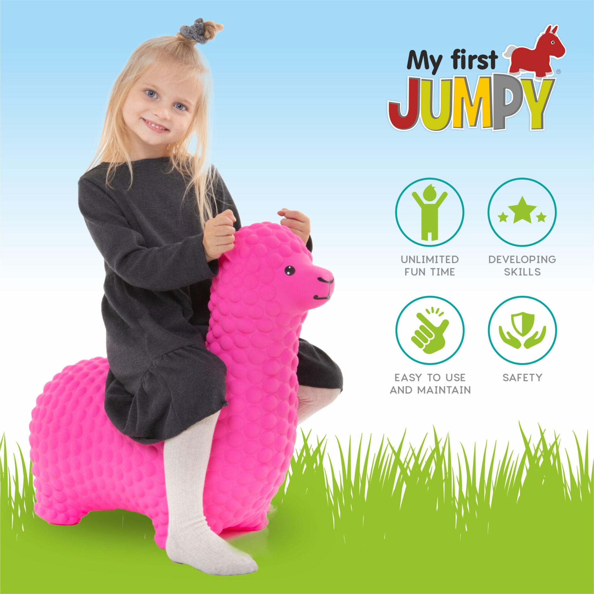 Child happily jumping on My First JUMPY Pink Alpaca hopper indoors or outdoors