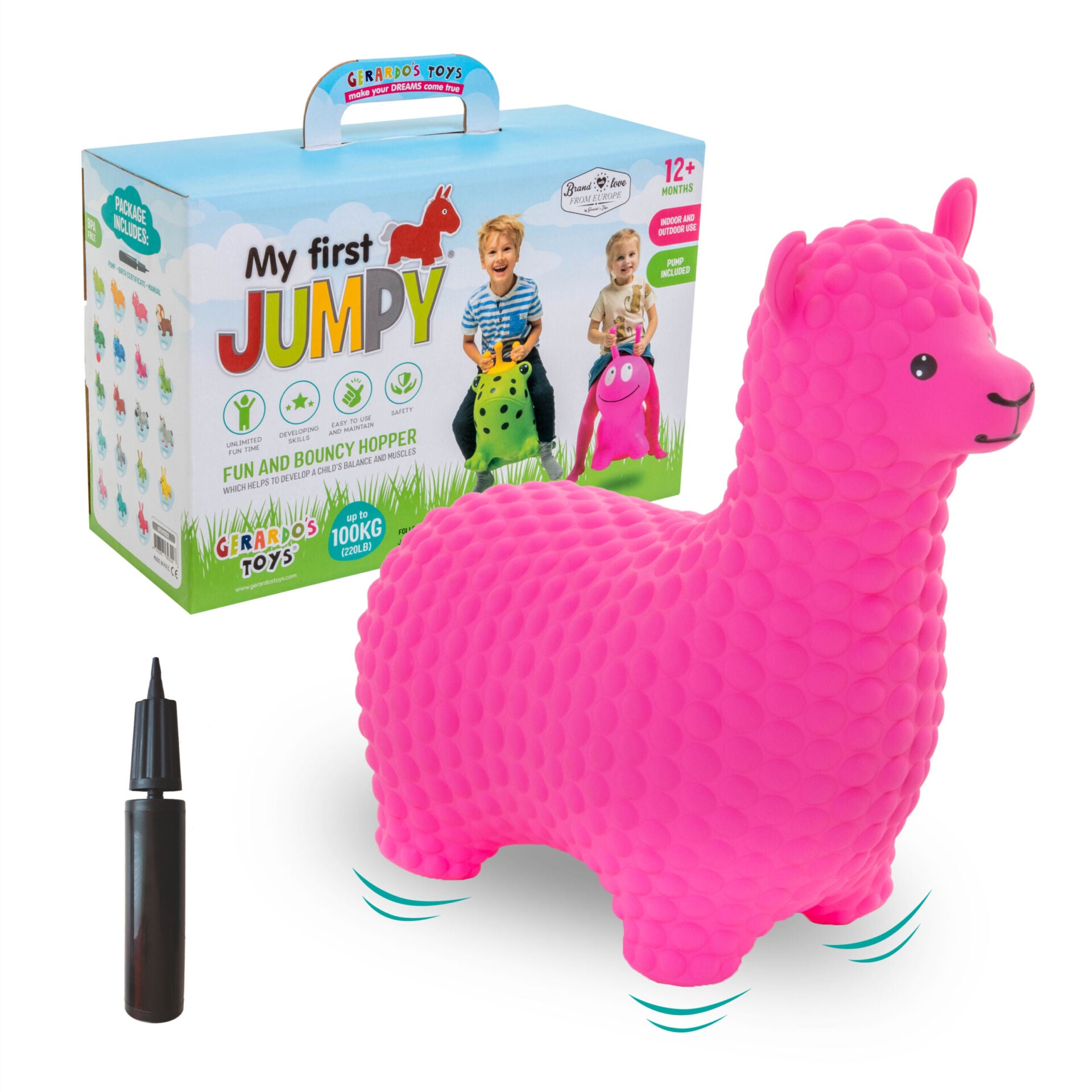 My First JUMPY Pink Alpaca hopper in Gerardo's Toys brand packaging