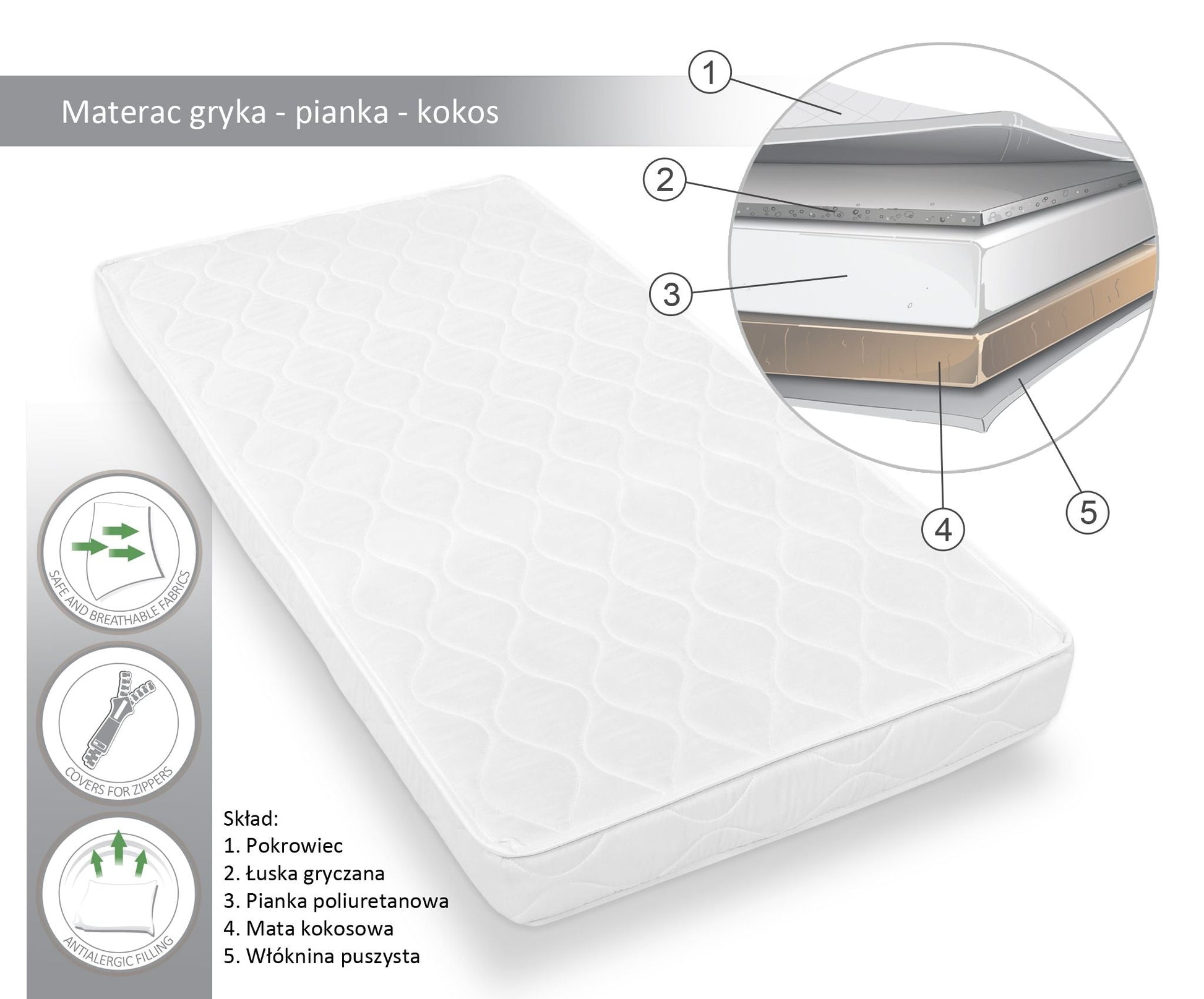 Cot Mattress 120x60cm – Coco - Foam - Buckwheat - Kindeco