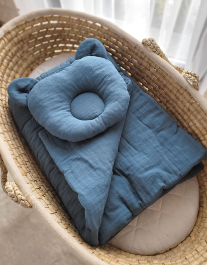 Duvet with Pillow Teddy MUSLIN - 2pc Set - Pastel Blue - Kindeco