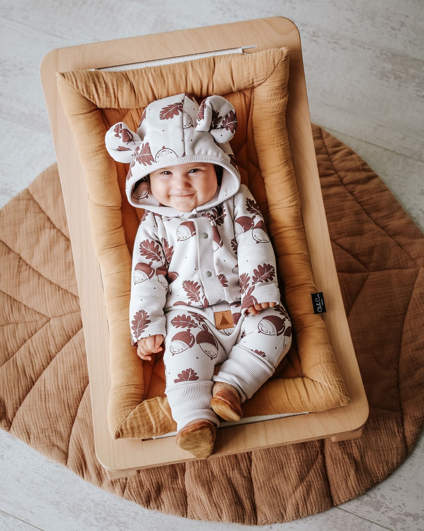 Eared Jumpsuit for Babies and Kids - Acorns on Sand - Kindeco