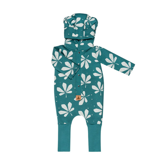 Eared Jumpsuit for Babies and Kids - Chestnut Leaves on Green - Kindeco