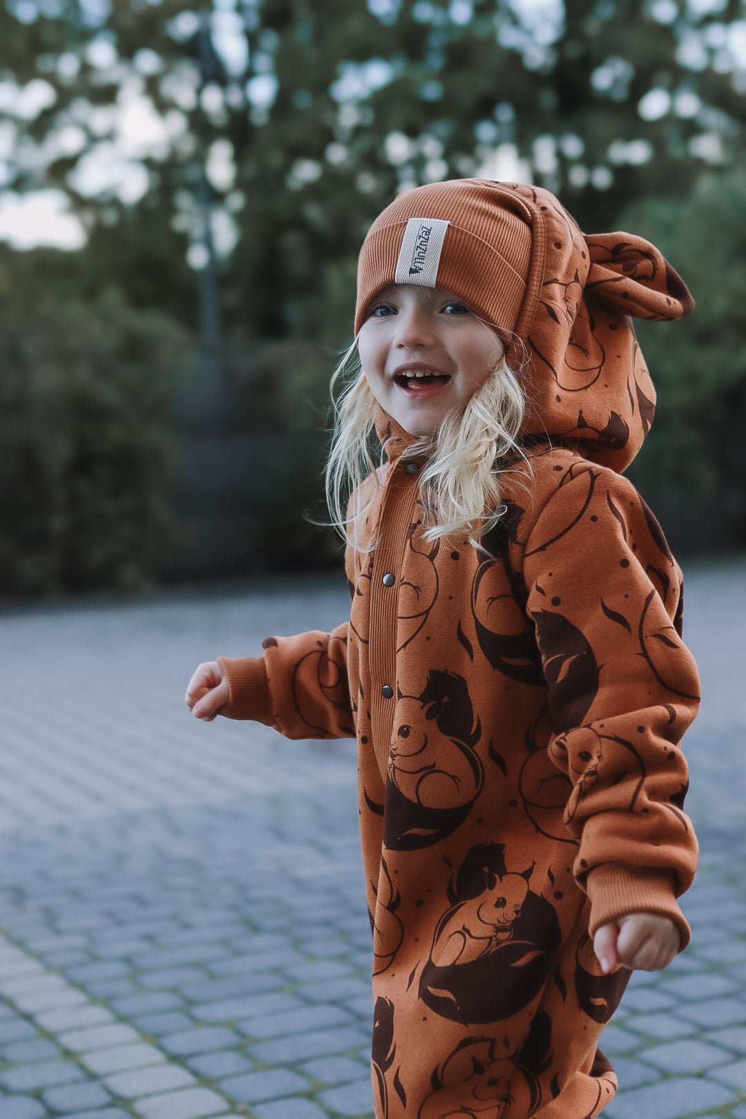 Eared Jumpsuit for Babies and Kids - Cinnamon Squirrel - Kindeco
