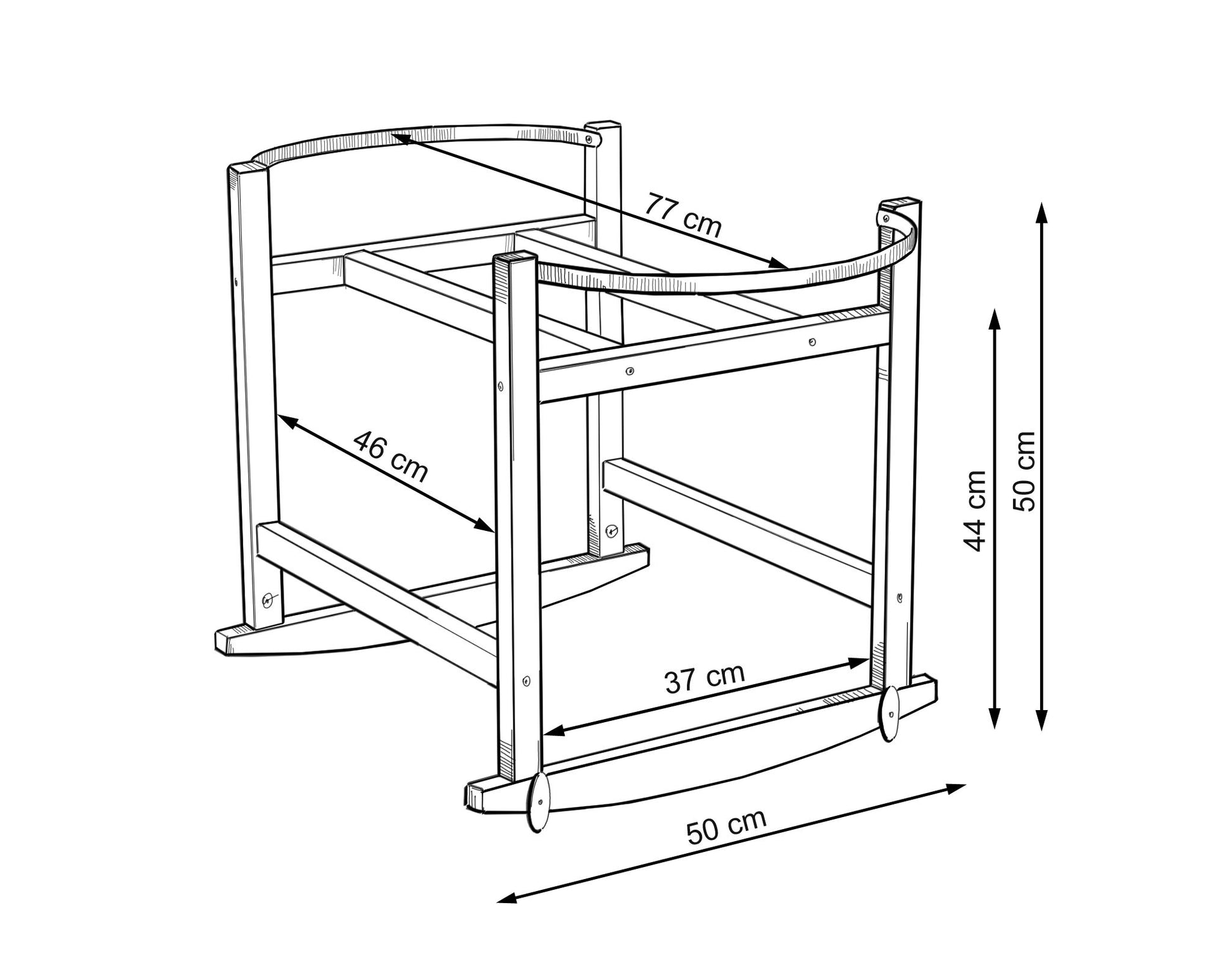Measurement chart of a wooden baby crib with dimensions labeled.
