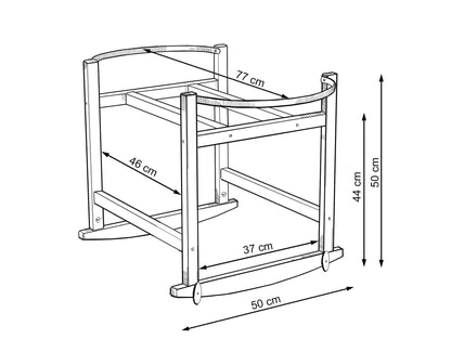 Measurement chart of a wooden baby crib with dimensions labeled.