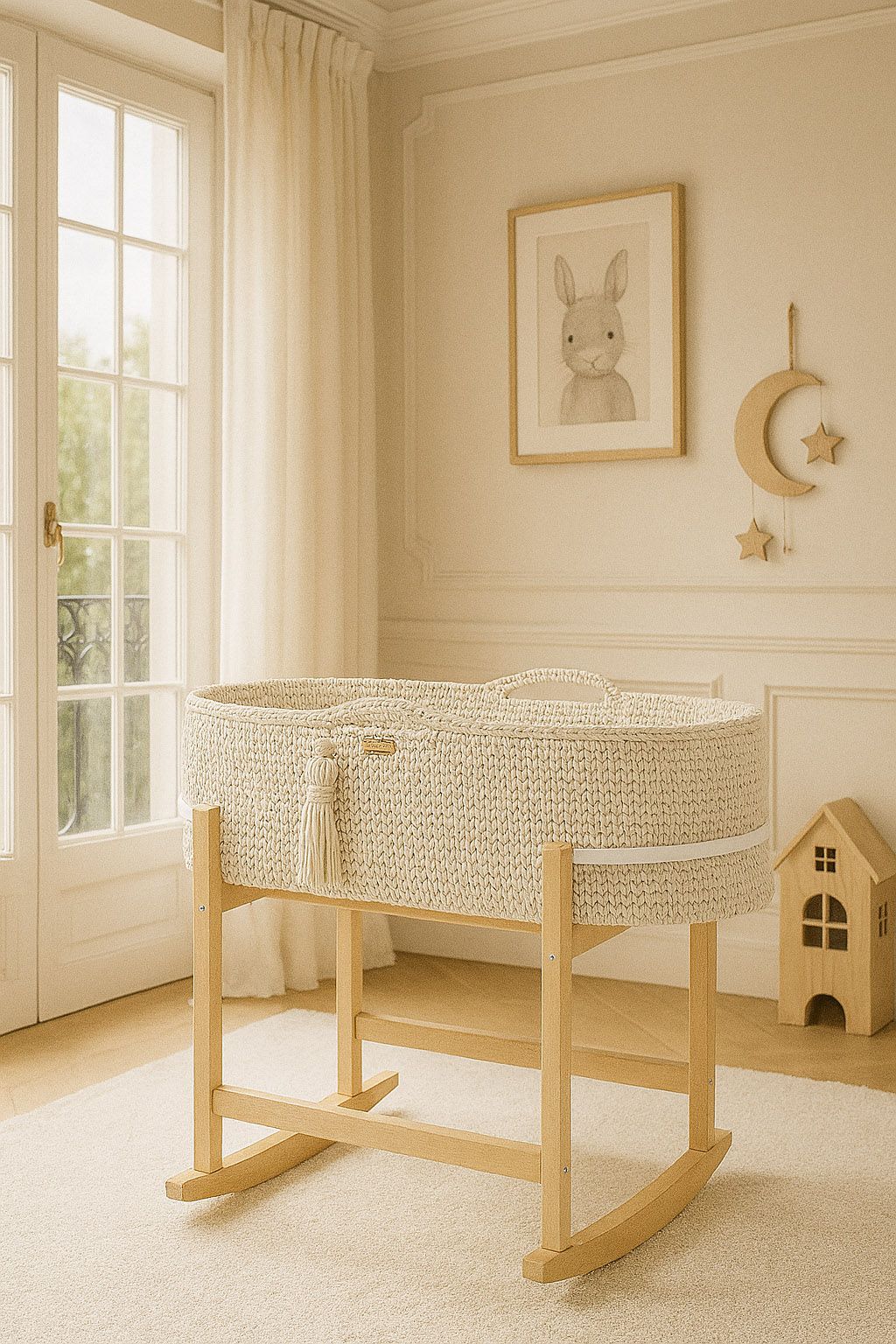 Nursery with a woven crib on a wooden stand, framed picture of a rabbit, and decorative moon and star wall hanging.