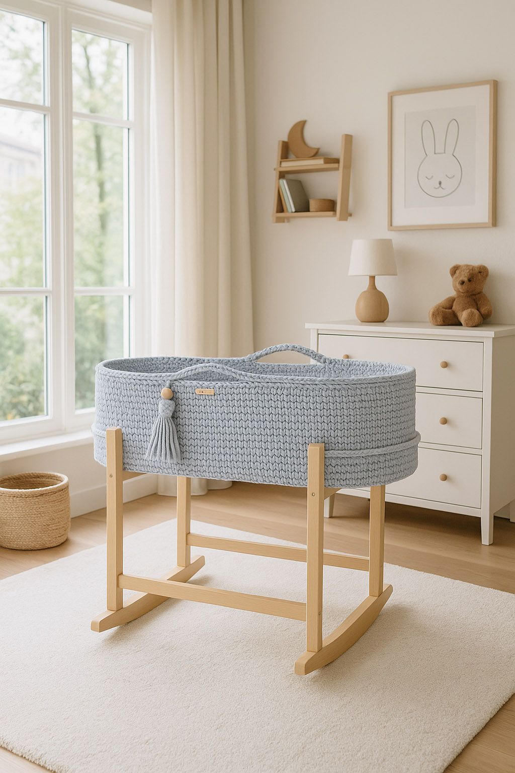 Gray woven baby crib on a wooden stand in a nursery with a teddy bear and dresser.