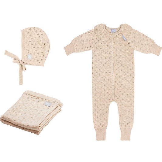 Merino Wool Baby Gift Set - Blanket, Romper & Bonnet (LOVE Collection) - Kindeco