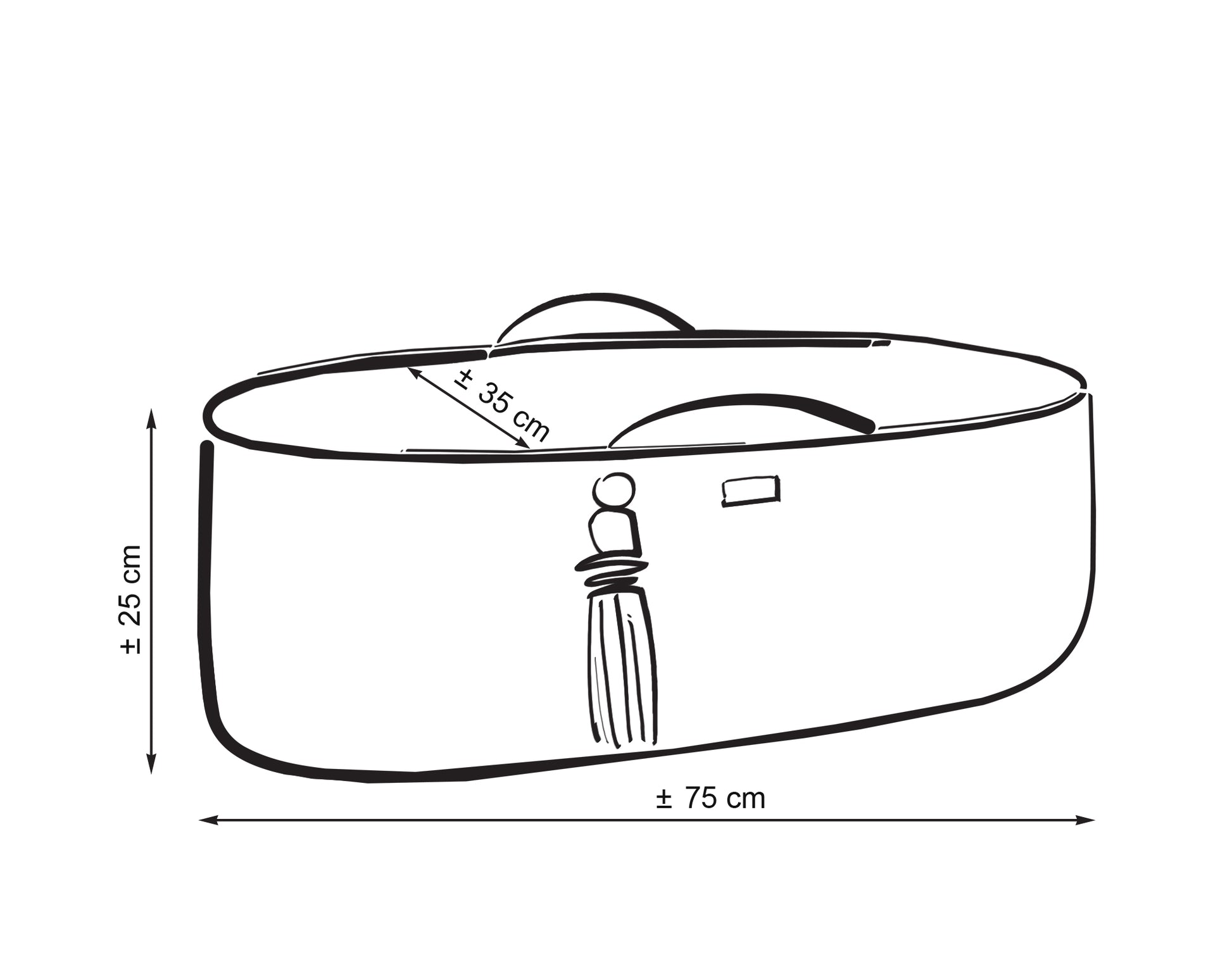 Measurement chart of a decorative belt with tassel on a white background